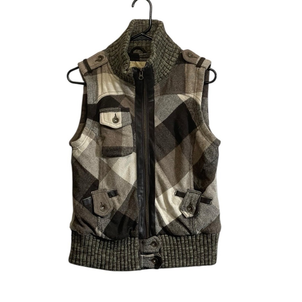BKE Women Puffer Vest Jacket Sleeveless Wool Blend Plaid Full Zip Collar Small
